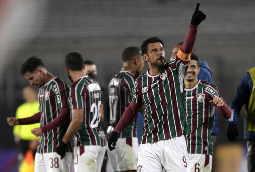 BUENOS AIRES, ARGENTINA - MAY 25: Fred of Fluminense celebrates the the second goal of his team scored by teammate Nene (not in frame) during a group D match of Copa CONMEBOL Libertadores 2021 between River Plate and Fluminense at Estadio Monumental Antonio Vespucio Liberti on May 25, 2021 in Buenos Aires, Argentina. (Photo by Juan Mabromata-Pool/Getty Images)